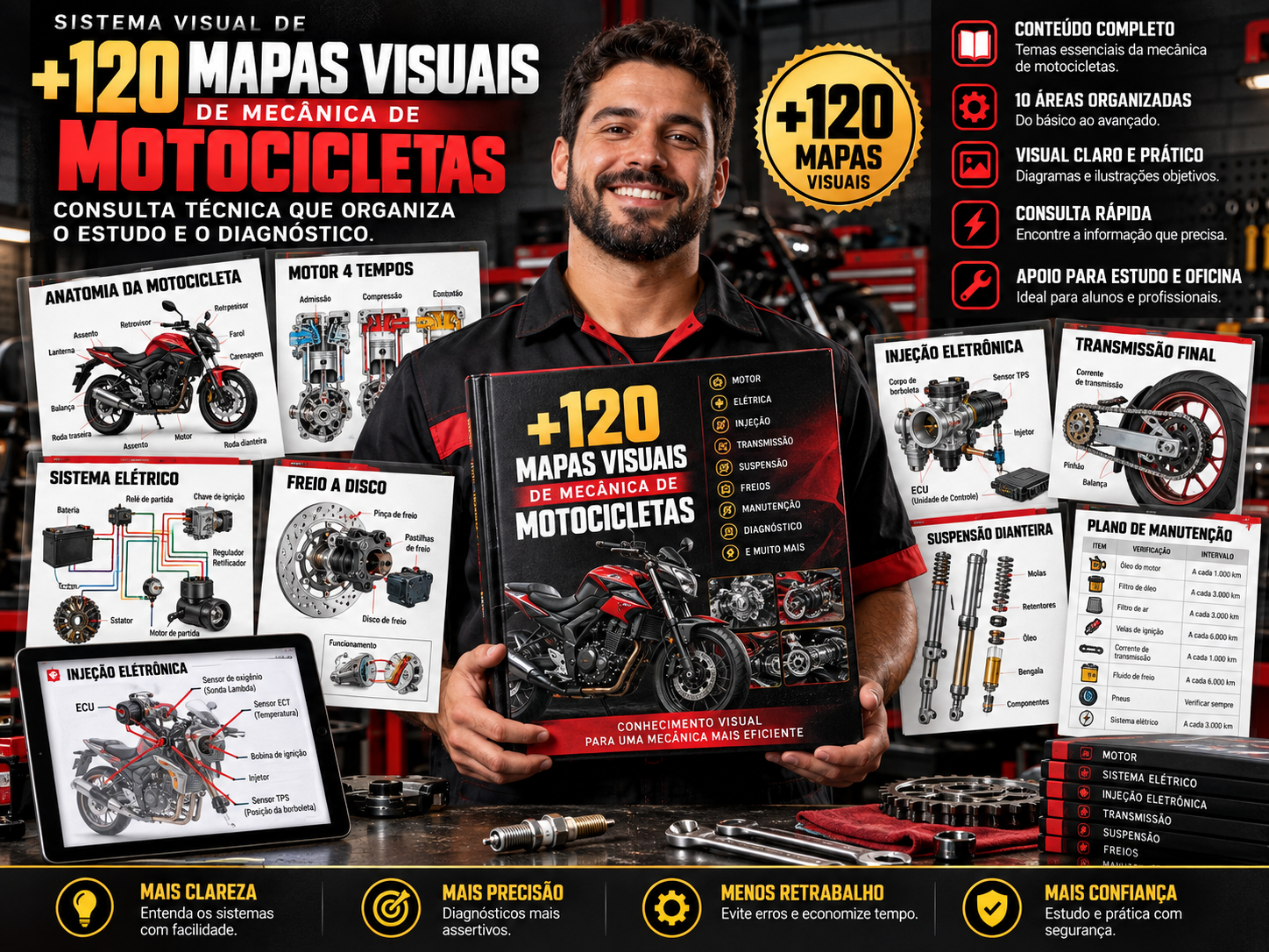 Mockup do material completo +120 Mapas Visuais de Mecânica de Motocicletas